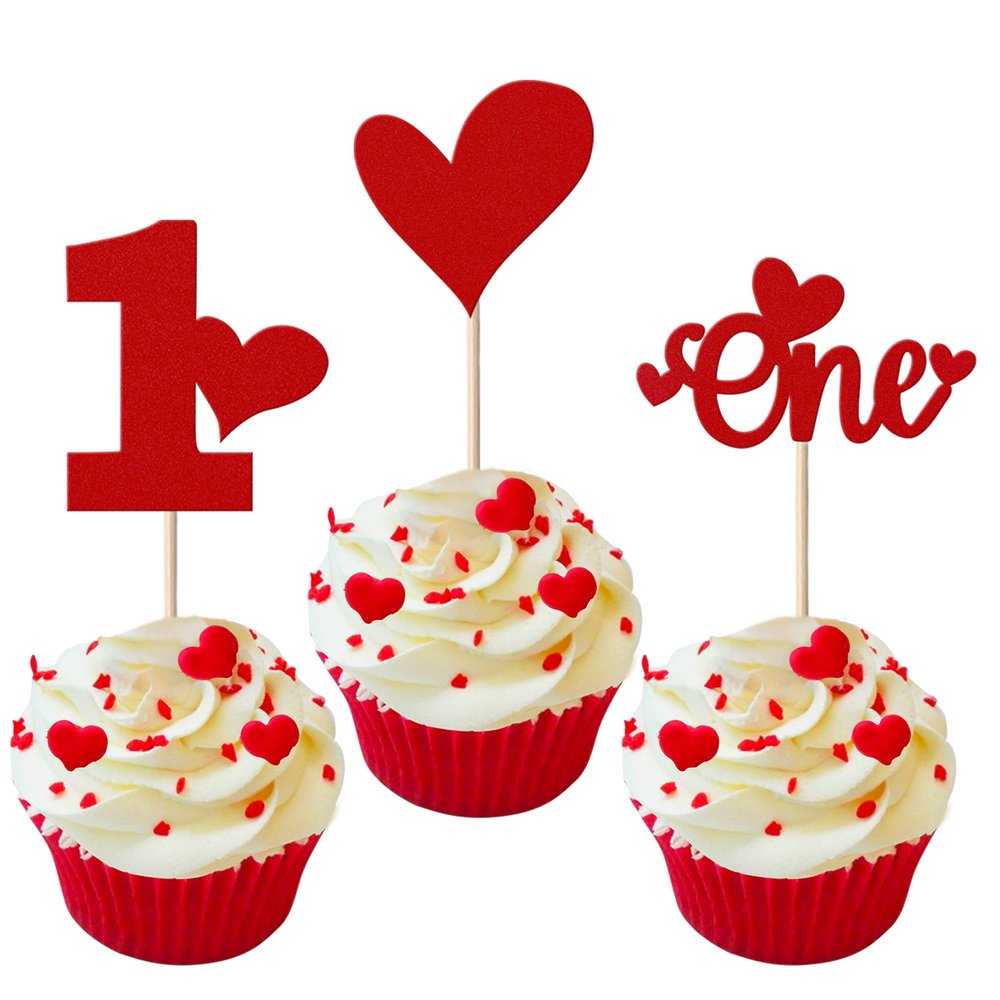 24 Pack Valentine's Day One Cupcake Toppers Glitter Sweet Love 1st Cupcake Picks 1st Birthday Cupcake Decorations for Valetine's Day Theme Baby Shower Kids 1st Birthday Party Supplies Red