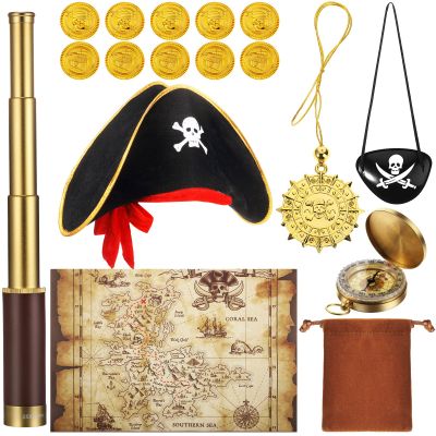 17 Piece Pirate Monocular Telescope Pirate Treasure Map Eye Patch Hat Pocket Compass Necklace Plastic Coins with Velvet Bag for Party Supplies
