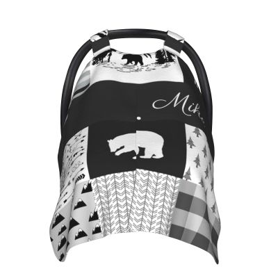 Personalized Woodland Theme Baby Car Seat Canopy for Babies with Name, Custom Bear Baby Car Seat Covers for Boys Girls, Opening Minky Nursing Breastfeeding Cover Infant Carseat Canopies for Newborn
