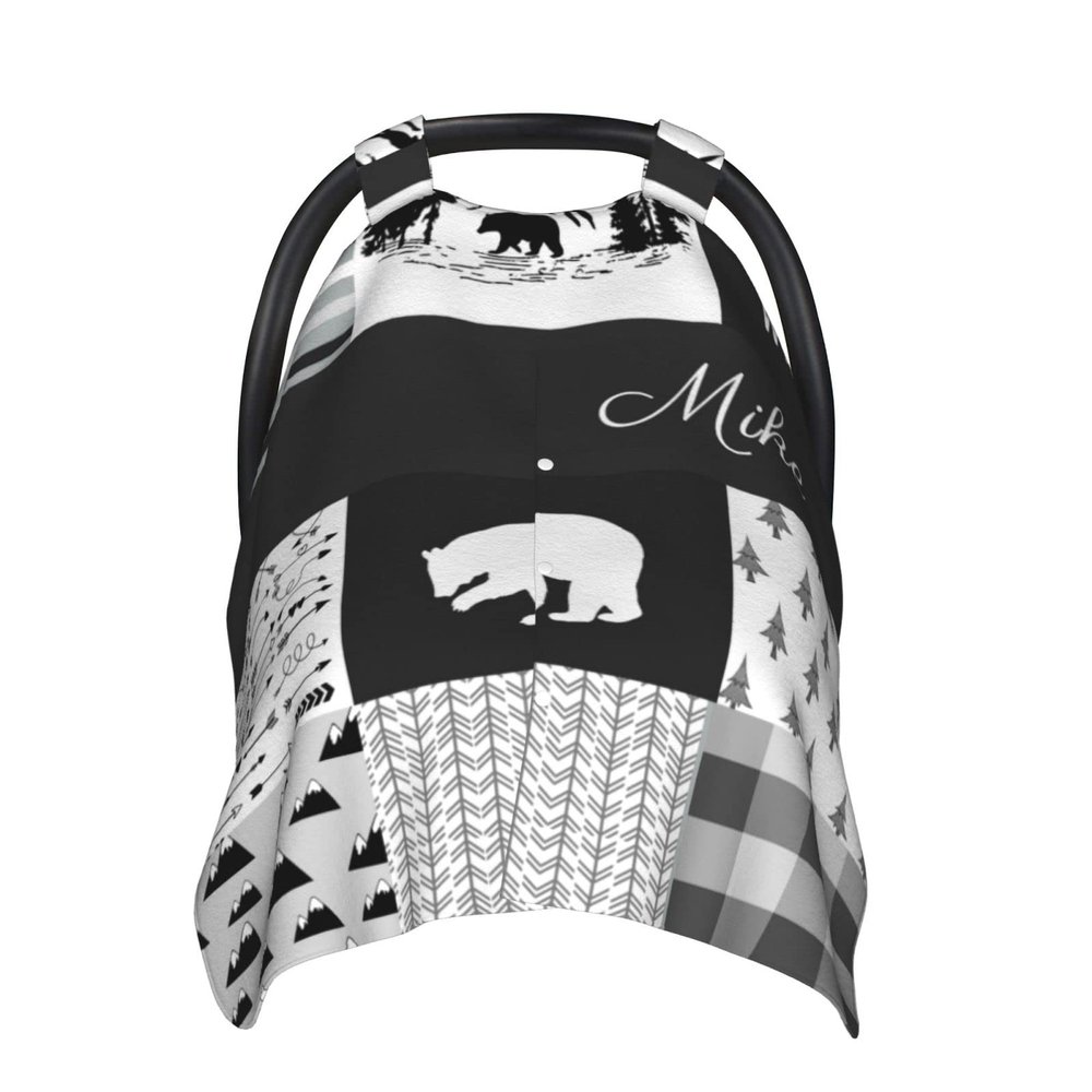 Personalized Woodland Theme Baby Car Seat Canopy for Babies with Name, Custom Bear Baby Car Seat Covers for Boys Girls, Opening Minky Nursing Breastfeeding Cover Infant Carseat Canopies for Newborn