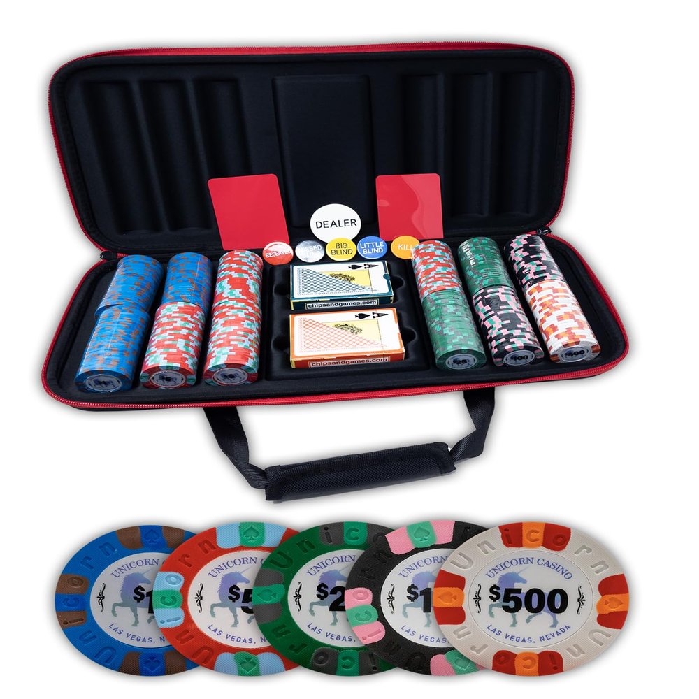 DA VINCI Unicorn All Clay Poker Chip Set with 300 Authentic Casino Weighted 9 gram Chips, Durable Soft Shell Case, 2 Decks of Plastic Playing Cards, Dealer Buttons and 2 Cut Cards