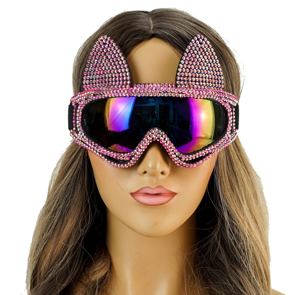 BEYOND MASQUERADE B Women Ski Goggles Glasses Cosplay Bunny Rabbit Ears Ski Mask Bling Bling Rhinestone Eye Mask Luxury Ski Mask Cosplay (Pink)
