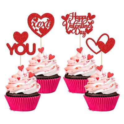 24Pcs Happy Valentine's Day Cupcake Toppers Glitter Love Heart I Love You XOXO Cupcake Picks Decorations for Wedding Proposal Engagement Bridal Shower Theme Party Cake Decoration Red