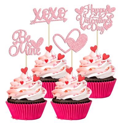 24Pcs Pink Glitter Valentine's Day Cupcake Toppers Pink Glitter Love Heart Be Mine Cupcake Picks Valentine's Day Theme Wedding Engagement Party Cake Decorations Supplies