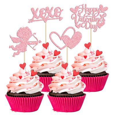 24Pcs Happy Valentine's Day Cupcake Toppers Pink Glitter XOXO Cupid Sweet Love Cupcake Food Picks Valentine's Day Theme Wedding Bridal Shower Birthday Party Cake Decorations Supplies
