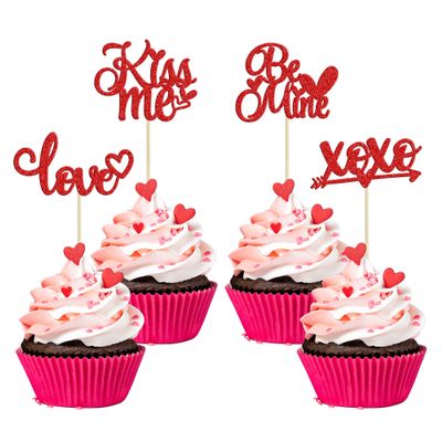 24Pcs Happy Valentine's Day Cupcake Toppers Glitter Love Be Mine XOXO Kiss Me Cupcake Picks Happy Valentine's Day Theme Wedding Bridal Shower Birthday Party Cake Decorations Supplies Red