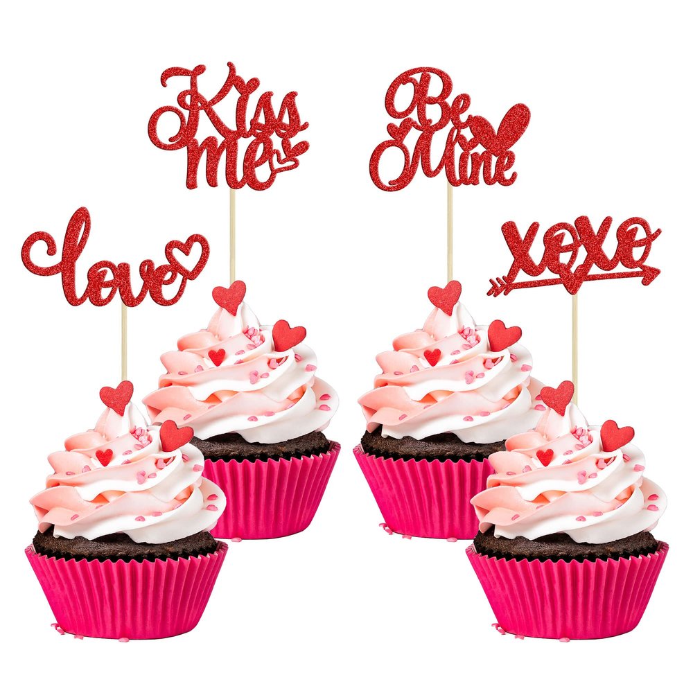 24Pcs Happy Valentine's Day Cupcake Toppers Glitter Love Be Mine XOXO Kiss Me Cupcake Picks Happy Valentine's Day Theme Wedding Bridal Shower Birthday Party Cake Decorations Supplies Red