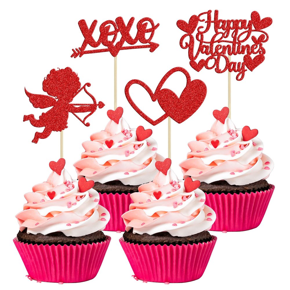 24Pcs Happy Valentine's Day Cupcake Toppers Red Glitter XOXO Cupid Sweet Love Cupcake Food Picks Valentine's Day Theme Wedding Bridal Shower Birthday Party Cake Decorations Supplies