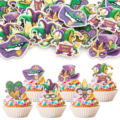 24Pcs Mardi Gras Cupcake Toppers Glitter Crown Masquerade Fleur de Lis Pattern Cake Picks Mardi Gras Party Baby Shower Birthday Party Cake Decorations Supplies