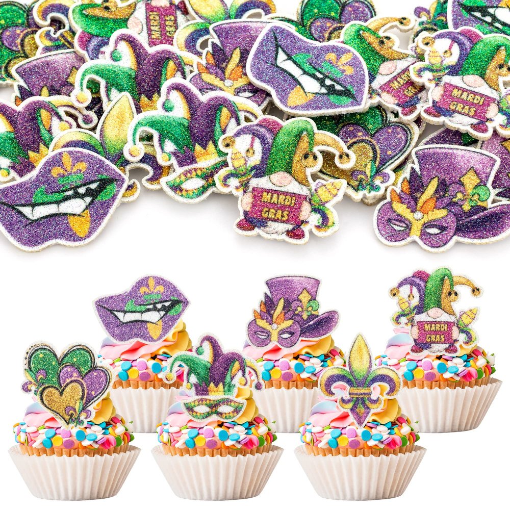 24Pcs Mardi Gras Cupcake Toppers Glitter Crown Masquerade Fleur de Lis Pattern Cake Picks Mardi Gras Party Baby Shower Birthday Party Cake Decorations Supplies