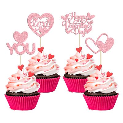 24Pcs Happy Valentine's Day Cupcake Toppers Glitter Love Heart I Love You XOXO Cupcake Picks Decorations for Wedding Proposal Engagement Bridal Shower Theme Party Cake Decoration Pink