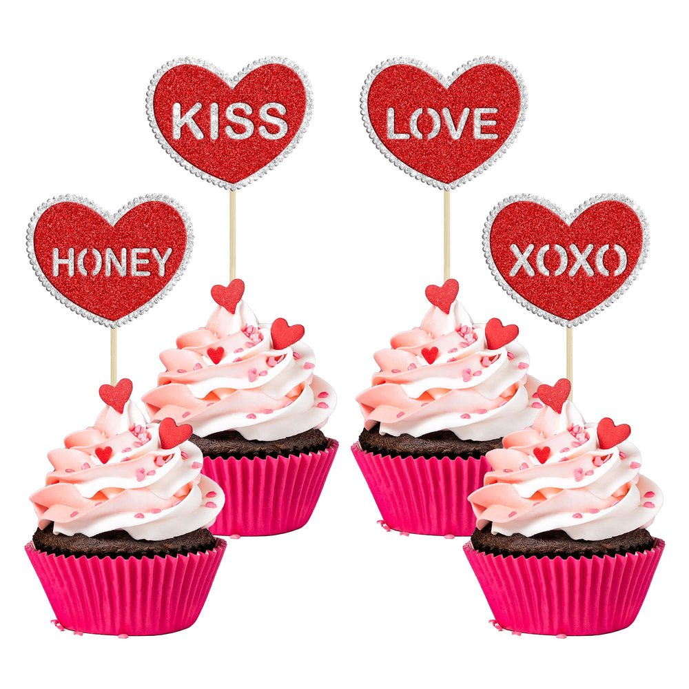 24Pcs Valentine's Day Cupcake Toppers Red Glitter Double Layers Sweet Love Valentine Heart Cupcake Food Picks Valentine's Day Theme Wedding Bridal Shower Birthday Party Cake Decorations Supplies
