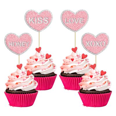 24Pcs Valentine's Day Heart Cupcake Toppers Pink Glitter Double Layers Sweet Love Valentine Cupcake Food Picks Valentine's Day Theme Wedding Bridal Shower Birthday Party Cake Decorations Supplies
