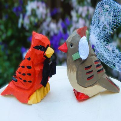 Handmade Cardinal Wedding Cake Topper Love Bird Bride & Groom Figurines, Rustic Carved Wood Statue, Unique Engagement, Anniversary, LGBTQ+ Friendly Customizable Keepsake