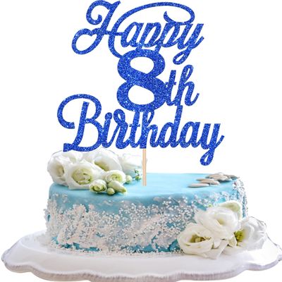 Rsstarxi 1 Pack Happy 8th Birthday Cake Topper Glitter 8 & Fabulous Cheers to 8 Years Old Birthday Cake Pick for Celebrating 8th Anniversary Party Cake Decorations Supplies Deep Blue