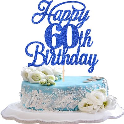 Rsstarxi 1 Pack Happy 60th Birthday Cake Topper Glitter 60 & Fabulous Cheers to 60 Years Old 60th Birthday Cake Pick for Celebrating 60th Birthday Anniversary Party Cake Decorations Supplies Deep Blue