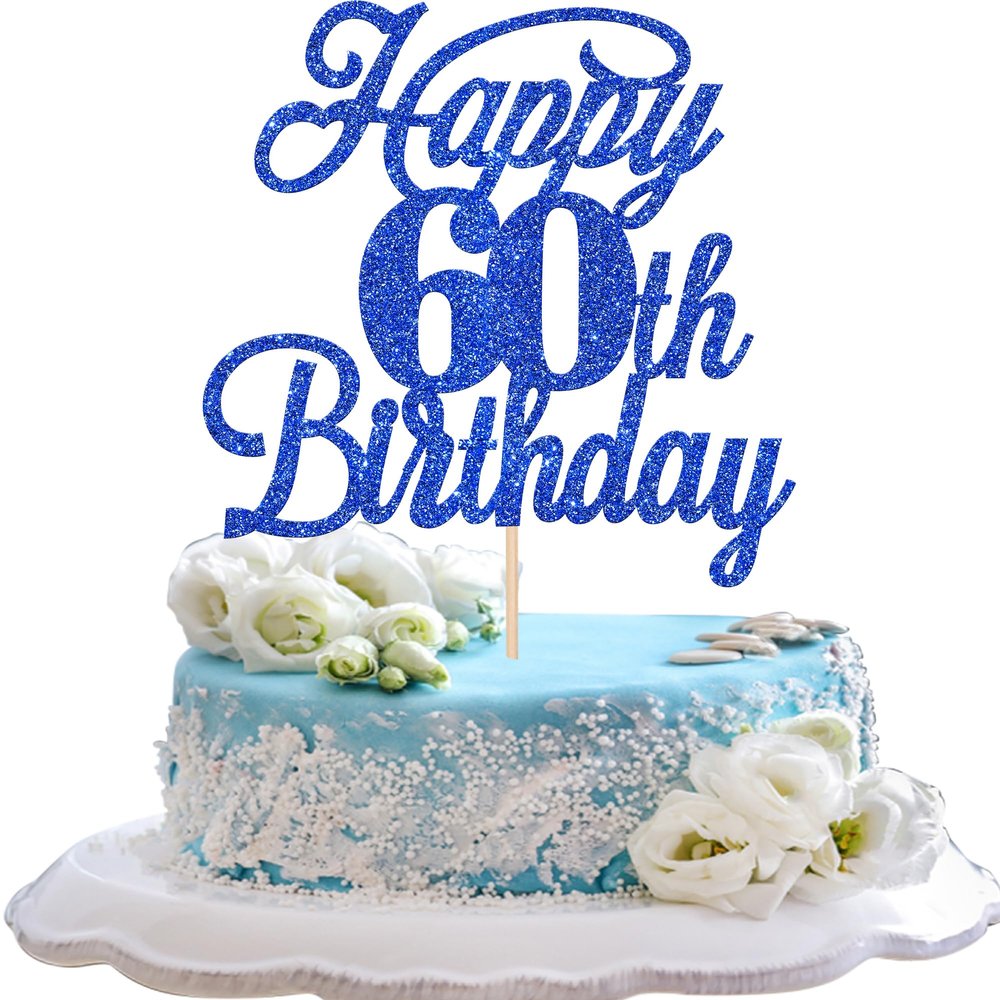 Rsstarxi 1 Pack Happy 60th Birthday Cake Topper Glitter 60 & Fabulous Cheers to 60 Years Old 60th Birthday Cake Pick for Celebrating 60th Birthday Anniversary Party Cake Decorations Supplies Deep Blue