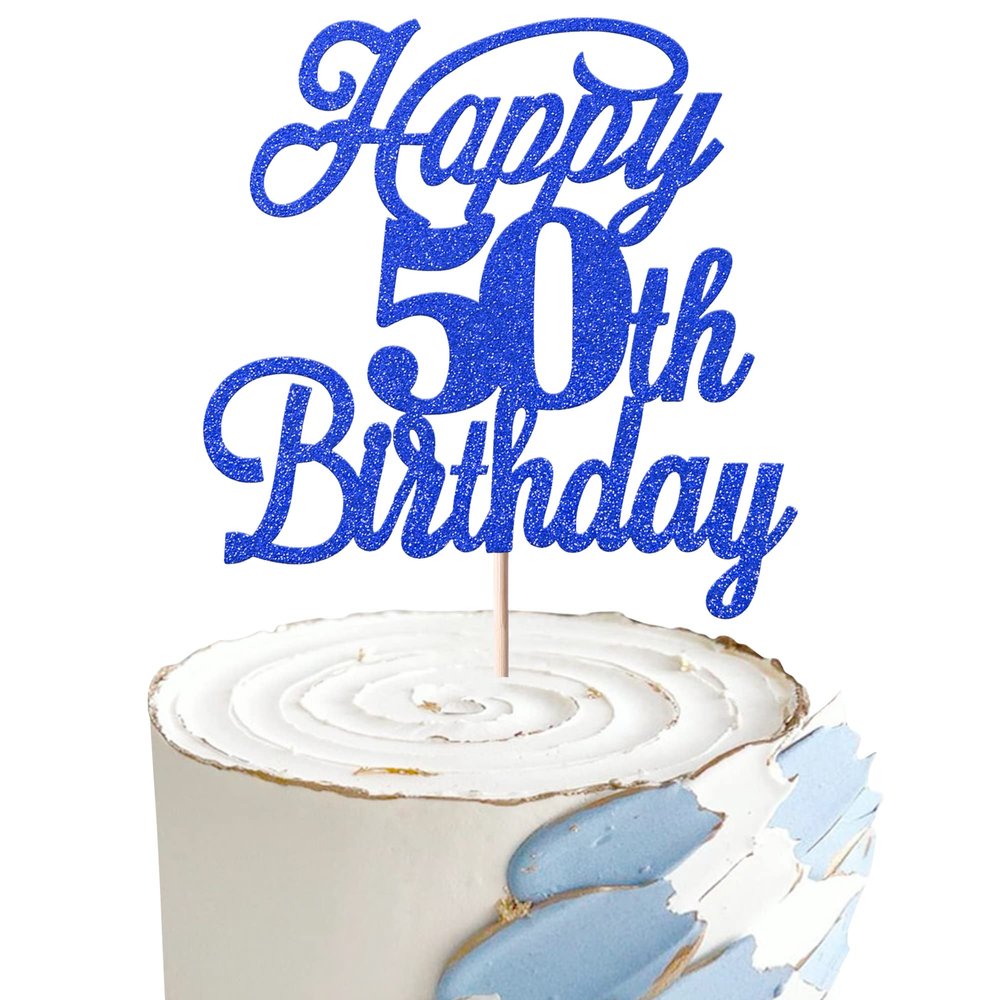 Rsstarxi 1 Pack Happy 50th Birthday Cake Topper Glitter 50 & Fabulous Cheers to 50 Years Old 50th Birthday Cake Pick for Celebrating 50th Birthday Anniversary Party Cake Decorations Supplies Deep Blue