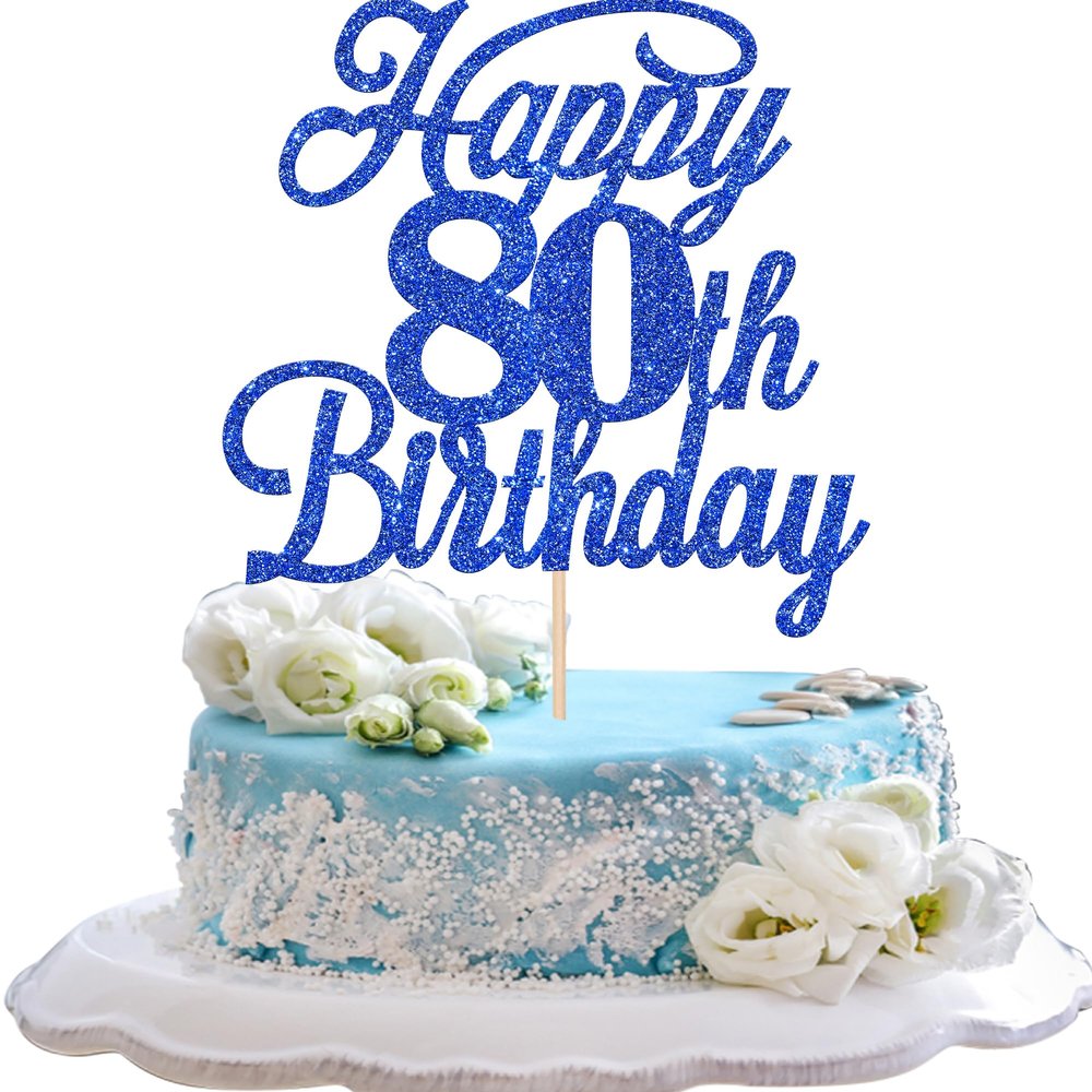 Rsstarxi 1 Pack Happy 80th Birthday Cake Topper Glitter 80 & Fabulous Cheers to 80 Years Old Birthday Cake Pick for Celebrating 80th Birthday Anniversary Party Cake Decorations Supplies Deep Blue