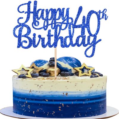 1 PCS Happy 40th Birthday Cake Topper Glitter Cheers to 40 Years Birthday Cake Pick 40 Fabulous Cake Decoration for Happy 40th Birthday Anniversary Party Decorations Supplies Blue