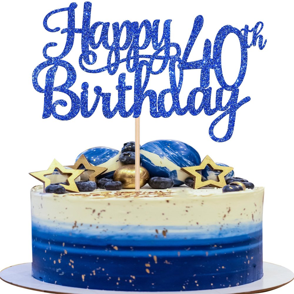 1 PCS Happy 40th Birthday Cake Topper Glitter Cheers to 40 Years Birthday Cake Pick 40 Fabulous Cake Decoration for Happy 40th Birthday Anniversary Party Decorations Supplies Blue