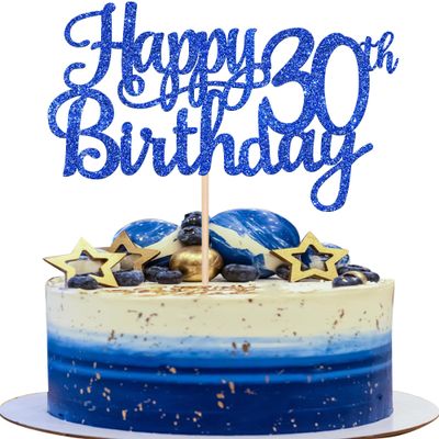 1 PCS Happy 30th Birthday Cake Topper Glitter Cheers to 30 Years Birthday Cake Pick 30 Fabulous Cake Decoration for Happy 30th Birthday Anniversary Party Decorations Supplies Blue