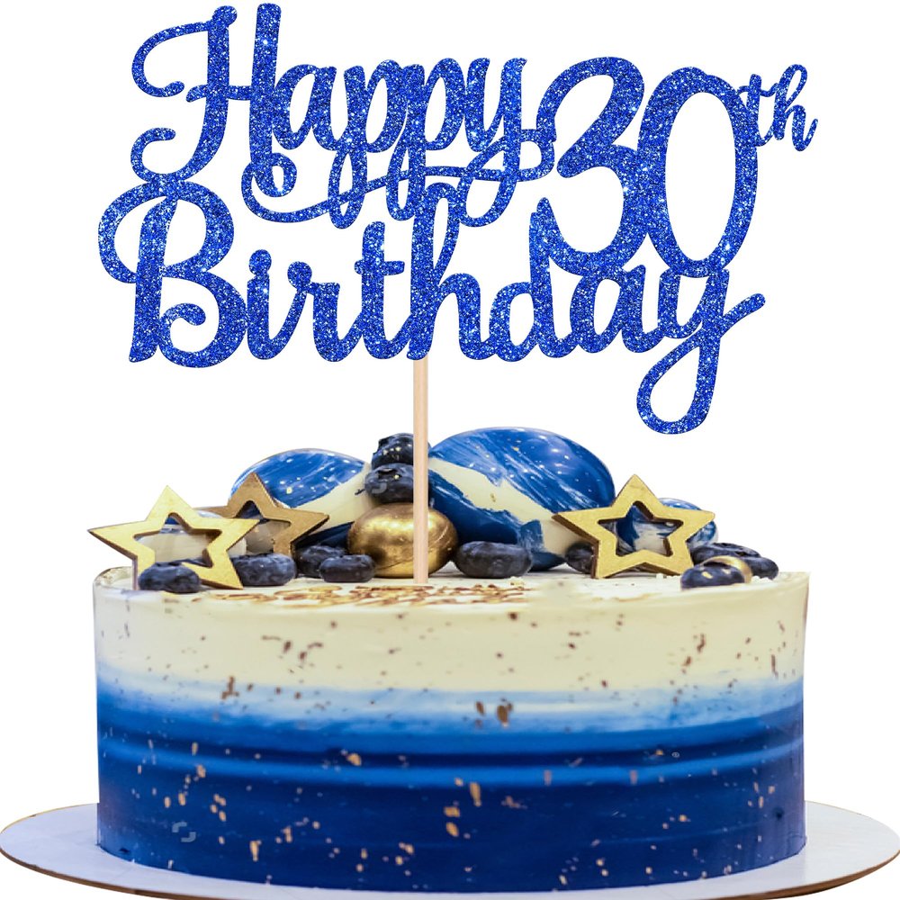 1 PCS Happy 30th Birthday Cake Topper Glitter Cheers to 30 Years Birthday Cake Pick 30 Fabulous Cake Decoration for Happy 30th Birthday Anniversary Party Decorations Supplies Blue