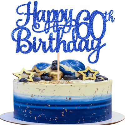 1 PCS Happy 60th Birthday Cake Topper Glitter Cheers to 60 Years Birthday Cake Pick 60 Fabulous Cake Decoration for Happy 60th Birthday Anniversary Party Decorations Supplies Blue