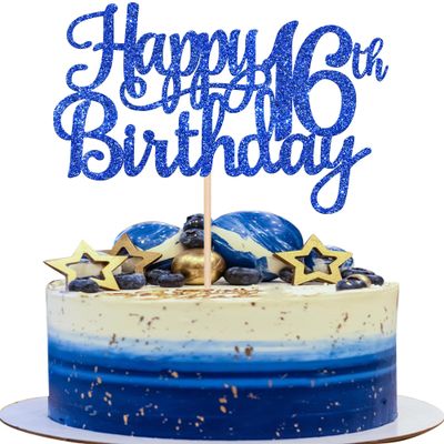 1 PCS Happy 16th Birthday Cake Topper Glitter Cheers to 16 Years Birthday Cake Pick Sweet 16 Fabulous Cake Decoration for Happy 16th Birthday Theme Party Decorations Supplies Blue