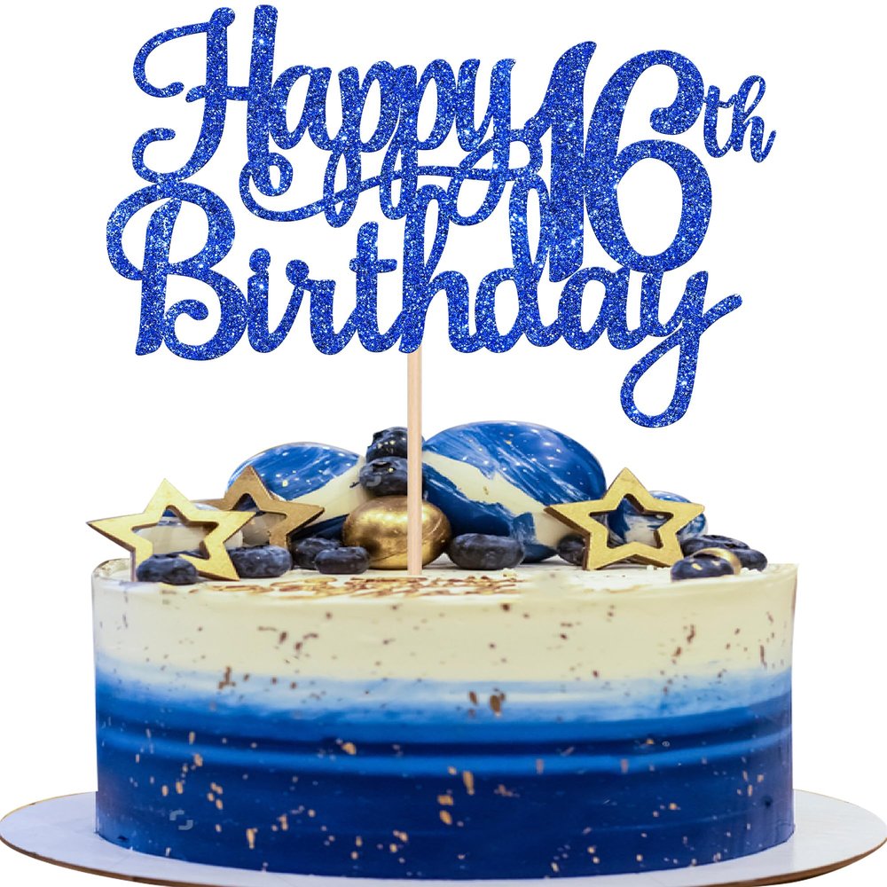1 PCS Happy 16th Birthday Cake Topper Glitter Cheers to 16 Years Birthday Cake Pick Sweet 16 Fabulous Cake Decoration for Happy 16th Birthday Theme Party Decorations Supplies Blue