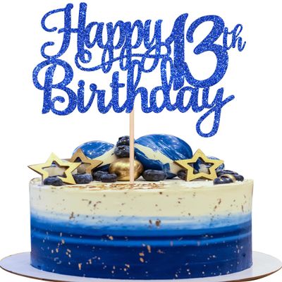 1 PCS Happy 13th Birthday Cake Topper Glitter Cheers to 13 Years Birthday Cake Pick Official Teenager 13 Fabulous Cake Decoration for Happy 13th Birthday Theme Party Decorations Supplies Blue