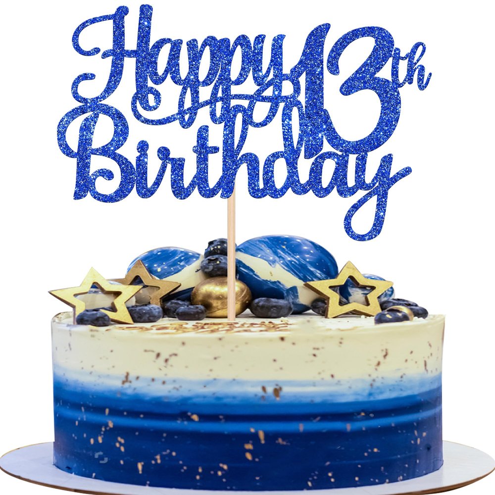 1 PCS Happy 13th Birthday Cake Topper Glitter Cheers to 13 Years Birthday Cake Pick Official Teenager 13 Fabulous Cake Decoration for Happy 13th Birthday Theme Party Decorations Supplies Blue