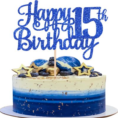 1 PCS Happy 15th Birthday Cake Topper Glitter Cheers to 15 Years Birthday Cake Pick Mis Quince 15 Fabulous Cake Decoration for Happy 15th Birthday Theme Party Decorations Supplies Blue