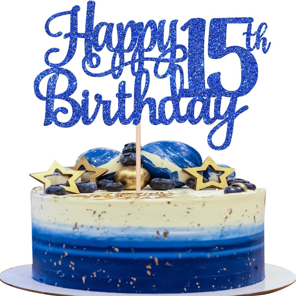 1 PCS Happy 15th Birthday Cake Topper Glitter Cheers to 15 Years Birthday Cake Pick Mis Quince 15 Fabulous Cake Decoration for Happy 15th Birthday Theme Party Decorations Supplies Blue
