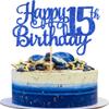 1 PCS Happy 15th Birthday Cake Topper Glitter Cheers to 15 Years Birthday Cake Pick Mis Quince 15 Fabulous Cake Decoration for Happy 15th Birthday Theme Party Decorations Supplies Blue view 1