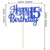 1 PCS Happy 15th Birthday Cake Topper Glitter Cheers to 15 Years Birthday Cake Pick Mis Quince 15 Fabulous Cake Decoration for Happy 15th Birthday Theme Party Decorations Supplies Blue view 2