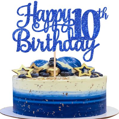 1 PCS Happy 10th Birthday Cake Topper Glitter Cheers to 10 Years Birthday Cake Pick 10 Fabulous Double Digits Cake Decoration for Happy 10th Birthday Theme Party Decorations Supplies Blue
