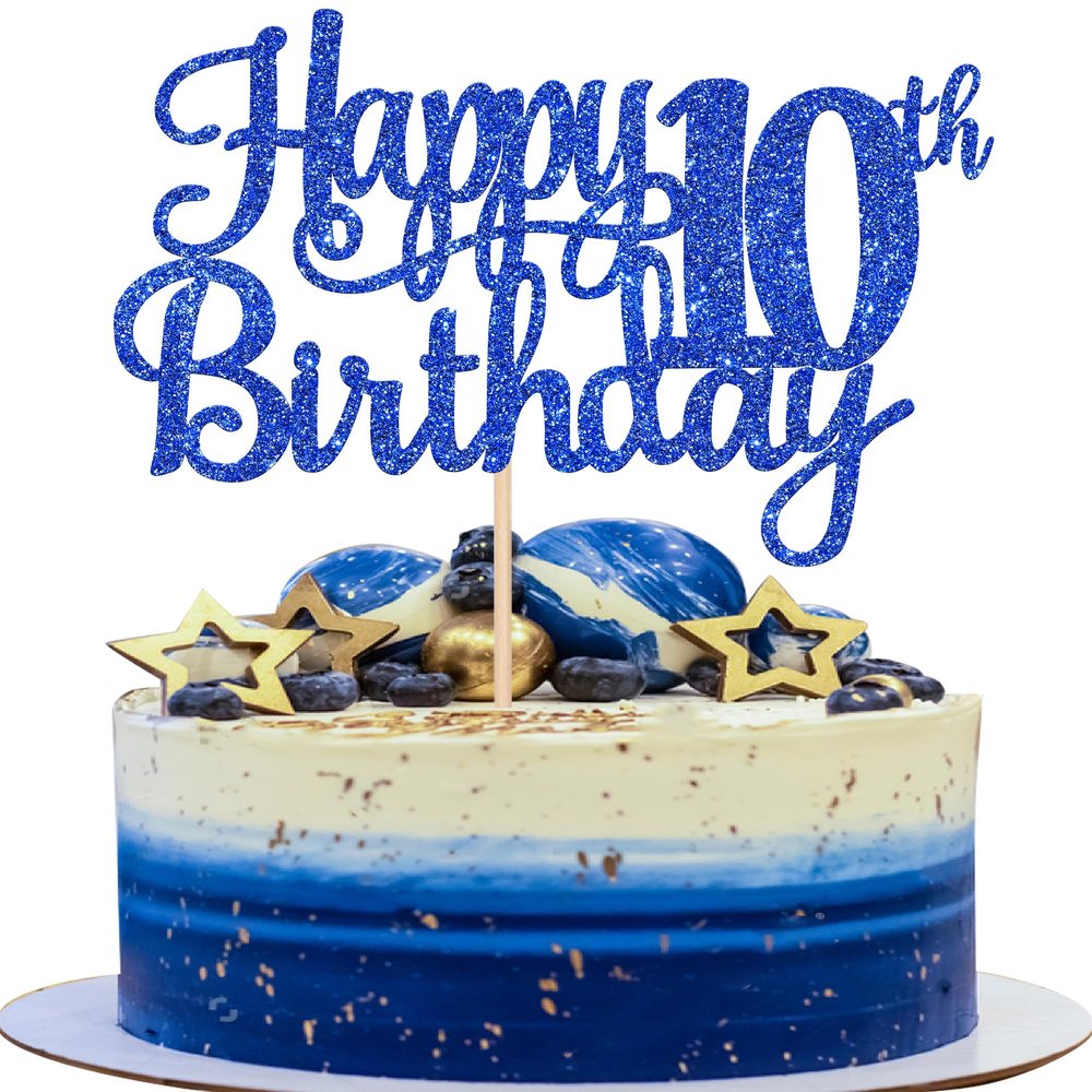 1 PCS Happy 10th Birthday Cake Topper Glitter Cheers to 10 Years Birthday Cake Pick 10 Fabulous Double Digits Cake Decoration for Happy 10th Birthday Theme Party Decorations Supplies Blue