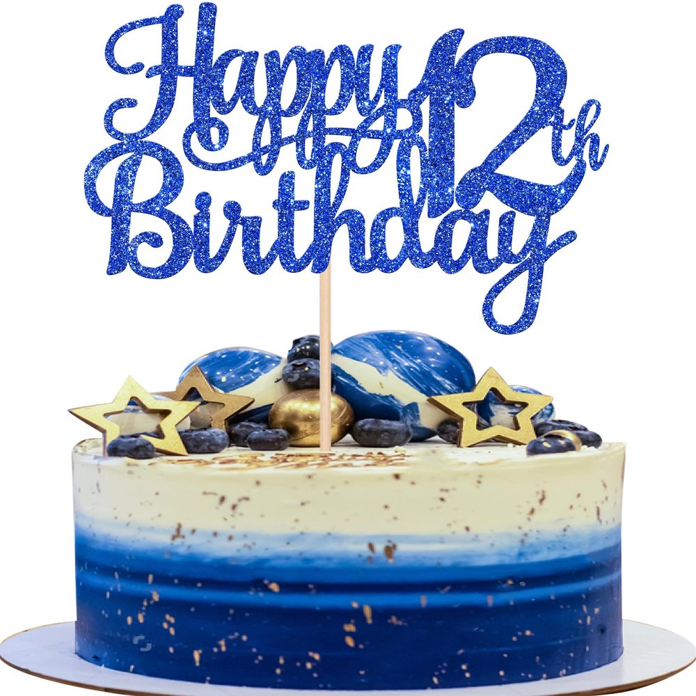 1 PCS Happy 12th Birthday Cake Topper Glitter Cheers to 12 Years Birthday Cake Pick 12 Fabulous Cake Decoration for Happy 13th Birthday Theme Party Decorations Supplies Blue