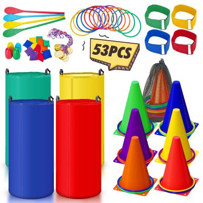 53PCS Outdoor Lawn Carnival Games Bean Bags Ring Toss Set Potato Sack Race Bags Egg and Spoon Race Party for Kid Adult FamilyBirthday Party Family Reunion Outside Field Day Easter Games