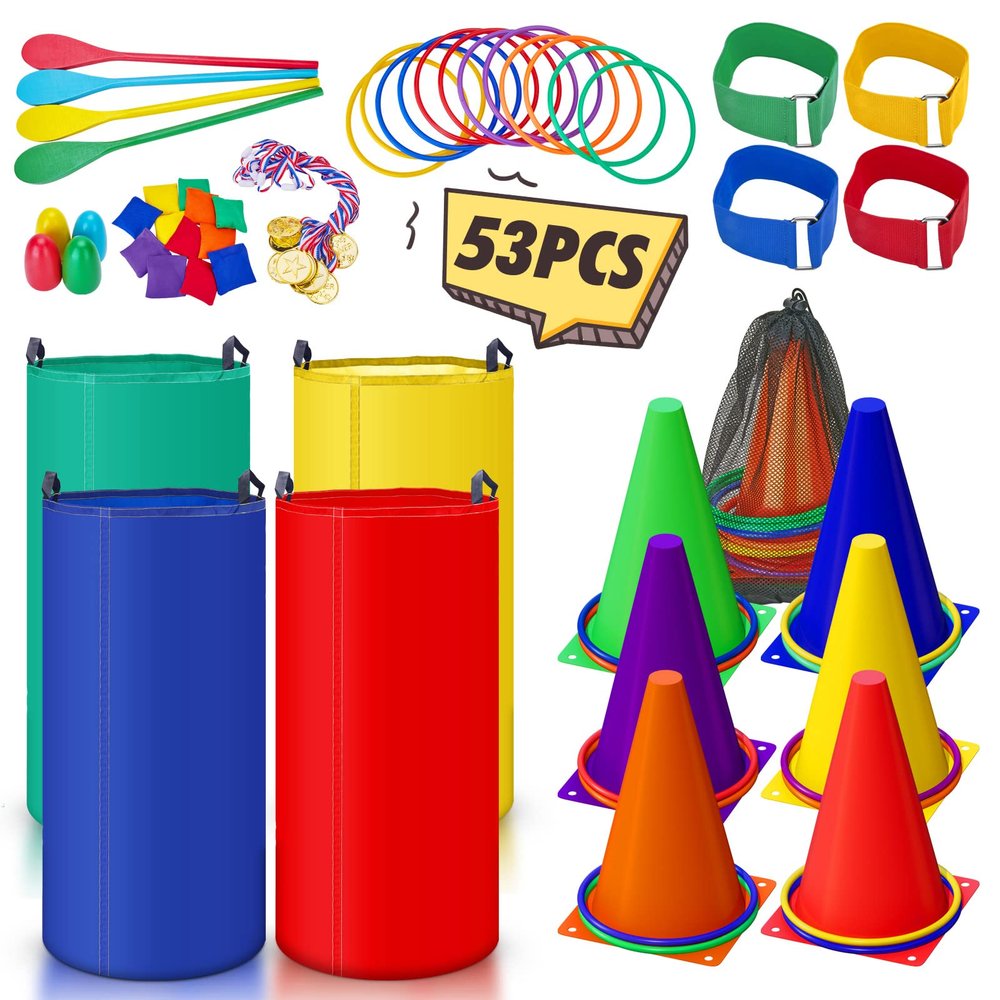 53PCS Outdoor Lawn Carnival Games Bean Bags Ring Toss Set Potato Sack Race Bags Egg and Spoon Race Party for Kid Adult FamilyBirthday Party Family Reunion Outside Field Day Easter Games