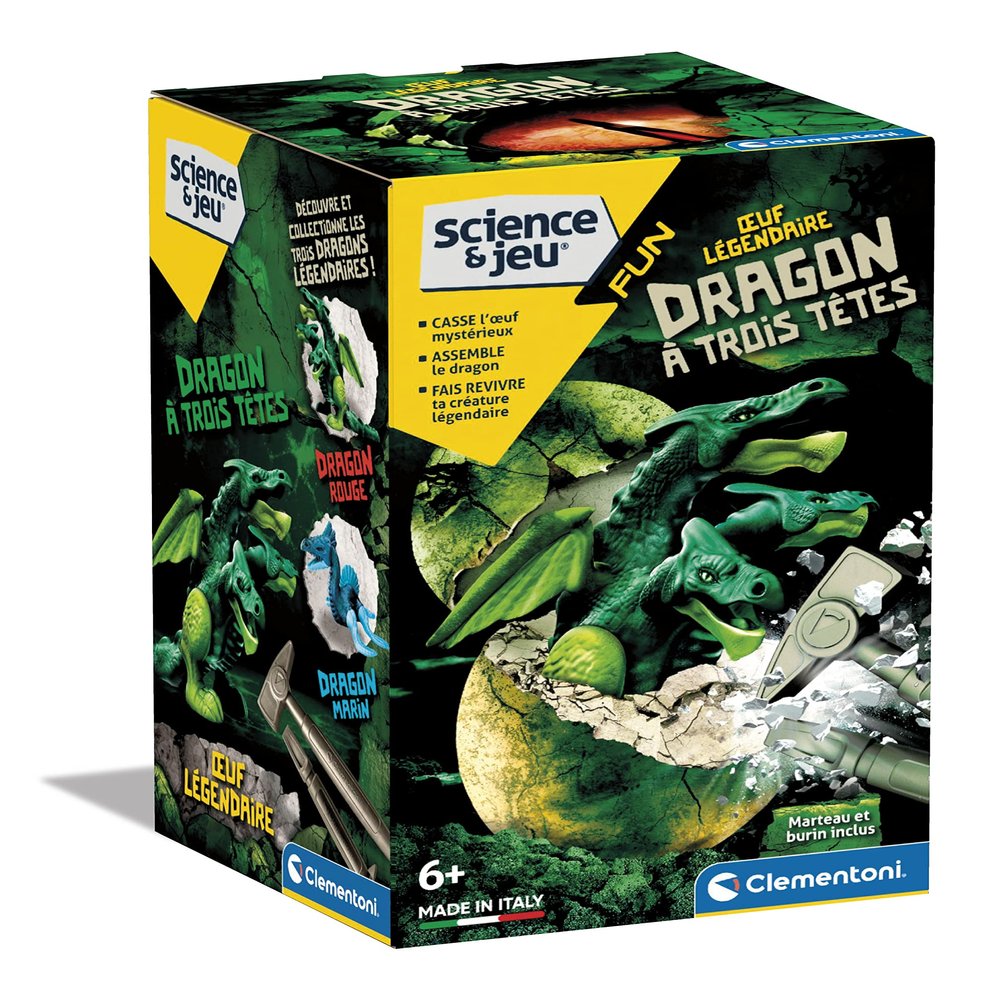 Clementoni - Science & Play - Legendary Egg - Three-Headed Dragon - Breakable Egg & Dragon to Assemble - Hammer and Chisel Included - for Kids Ages 6+
