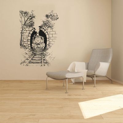 Beautiful Vintage Train Silhouette Tunnel Train Drawing Silhouette Vinyl Wall Sticker Art Wall Decal Decor Home Room Kids Room Boys Girls Room Train Lover Living Room Decoration Size (20x14 inch)