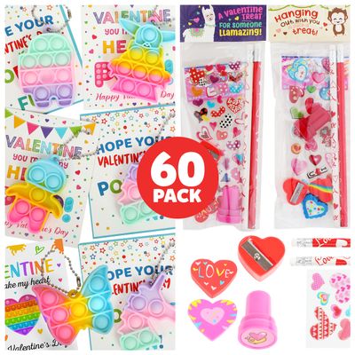 Funeta 60 Pack Bundle Pack, 30 Fidget Variety PopIts and Cards Bundled with 30 Stationary sets with Pencils, Erasers, inked Stamper and Stickers, Classroom Valentines Exchange for Boys and Girls Class