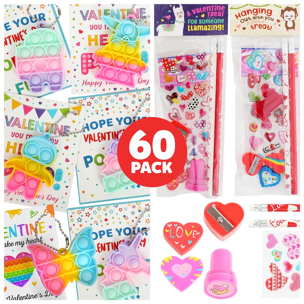 Funeta 60 Pack Bundle Pack, 30 Fidget Variety PopIts and Cards Bundled with 30 Stationary sets with Pencils, Erasers, inked Stamper and Stickers, Classroom Valentines Exchange for Boys and Girls Class