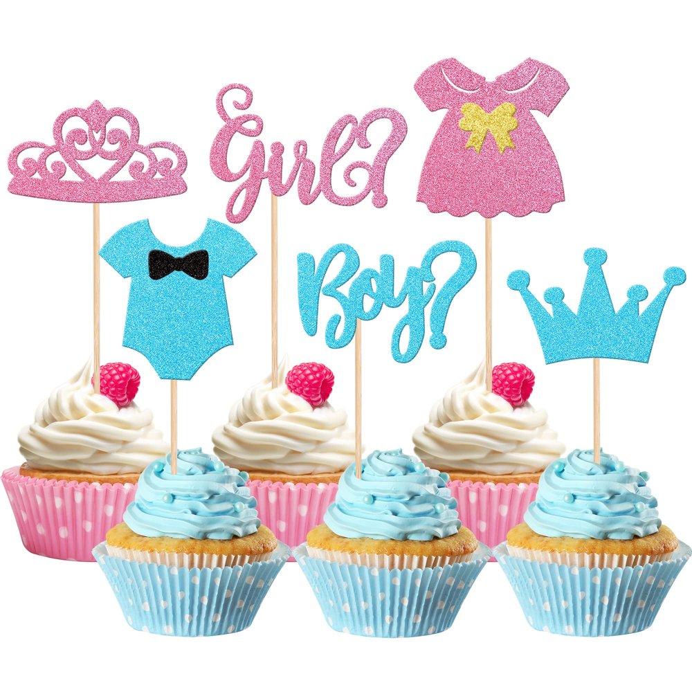 24 PCS Boy or Girl Cupcake Toppers Pink Blue Glitter Crown Onesie Dress Baby Shower Cupcake Picks for Gender Reveal Theme Baby Shower Kids Birthday Party Cake Decorations Supplies