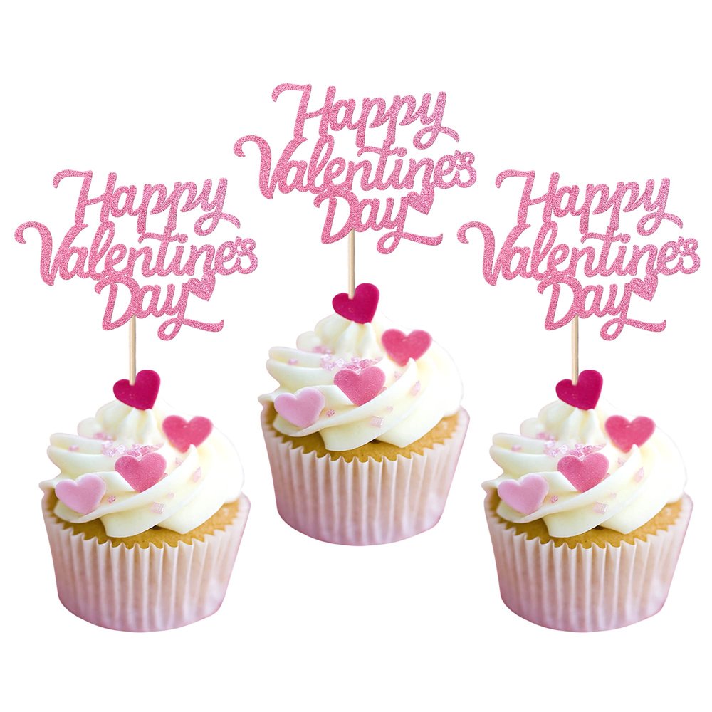24 Pack Happy Valentine's Day Cupcake Toppers Glitter Sweet Heart Love You Cupcake Picks for Valentine's Day Theme Birthday Party Cake Decorations Supplies Pink