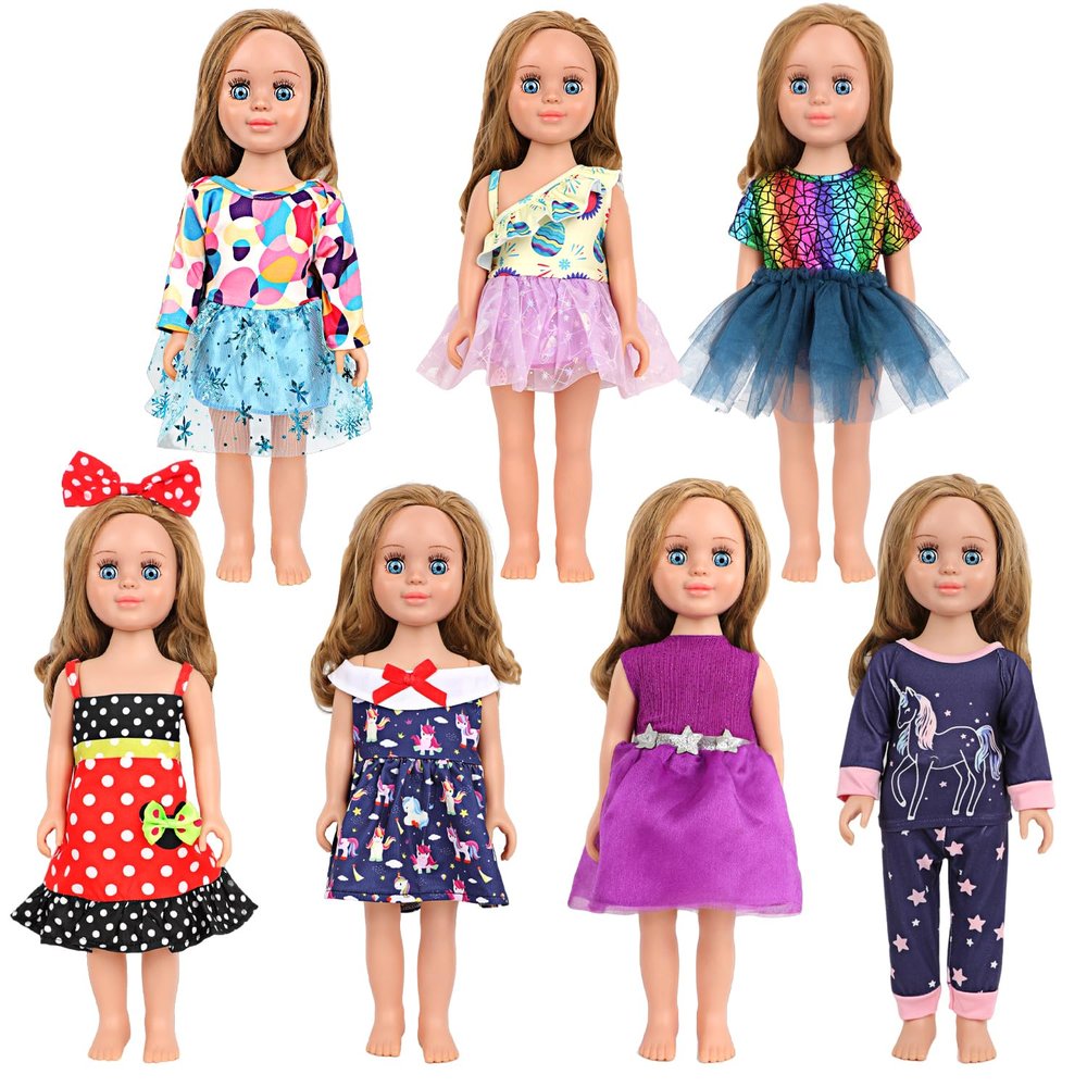 MSYO 18 Inch Doll Clothes 7 Sets,6 Dress Up Doll Outfits + 1 Set Pajama Set with Shoes & Doll Hair Accessories,Mix & Match Pretend Play Costumes Gift for Girls (Fits Most 17-18 Inch Dolls) 11 Pieces