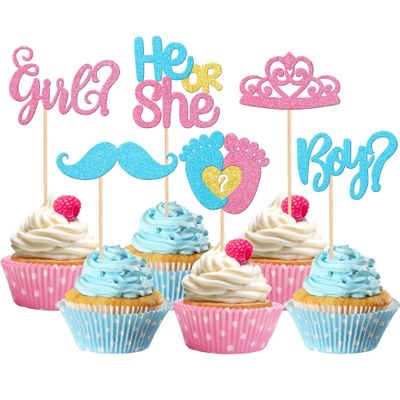 24 PCS Boy or Girl Cupcake Toppers Pink Blue Glitter Moustache Crown Baby Shower Cupcake Picks He or She Footprint Cake Decorations for Gender Reveal Theme Baby Shower Kids Birthday Party Supplies