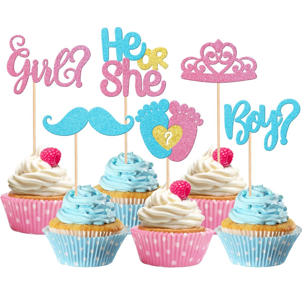 24 PCS Boy or Girl Cupcake Toppers Pink Blue Glitter Moustache Crown Baby Shower Cupcake Picks He or She Footprint Cake Decorations for Gender Reveal Theme Baby Shower Kids Birthday Party Supplies